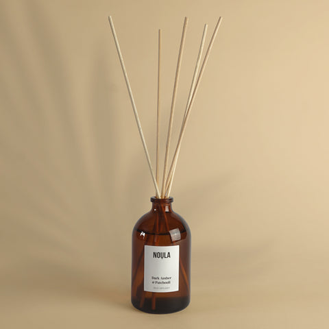 dark amber patchouli reed diffuser, plant based diffuser, non toxic, rattan reeds, vegan